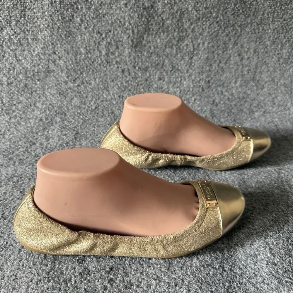Coach Darsi Gold Metallic Slip-On Ballet Flat Logo Plate Cap Toe Shoe Size 8.5